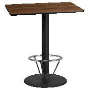 30'' x 42'' Rectangular Walnut Laminate Table Top with 24'' Round Bar Height Table Base and Foot Ring