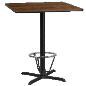 36'' Square Walnut Laminate Table Top with 30'' x 30'' Bar Height Table Base and Foot Ring, XU-WALTB-3636-T3030B-3CFR-GG