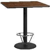 42'' Square Walnut Laminate Table Top with 24'' Round Bar Height Table Base and Foot Ring, XU-WALTB-4242-TR24B-4CFR-GG