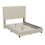 Quinn Queen Upholstered Platform Bed with Channel Stitched Wingback Headboard, Mattress Foundation with Slatted Supports, No Box Spring Needed, Beige, YK-1077-BEIGE-Q-GG