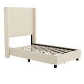 Quinn Twin Upholstered Platform Bed with Channel Stitched Wingback Headboard, Mattress Foundation with Slatted Supports, No Box Spring Needed, Beige, YK-1077-BEIGE-T-GG