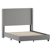 Quinn Queen Upholstered Platform Bed with Channel Stitched Wingback Headboard, Mattress Foundation with Slatted Supports, No Box Spring Needed, Gray, YK-1077-GY-Q-GG