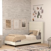 Hollis Twin Upholstered Platform Bed with Wingback Headboard, Mattress Foundation with Slatted Supports, No Box Spring Needed, Beige Faux Linen, YK-1078-BEIGE-T-GG