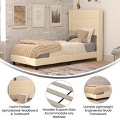 Hollis Twin Upholstered Platform Bed with Wingback Headboard, Mattress Foundation with Slatted Supports, No Box Spring Needed, Beige Faux Linen, YK-1078-BEIGE-T-GG