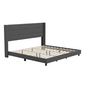 Hollis King Upholstered Platform Bed with Wingback Headboard, Mattress Foundation with Slatted Supports, No Box Spring Needed, Charcoal Faux Linen, YK-1078-CHAR-K-GG