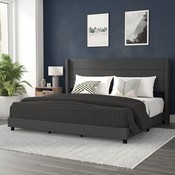 Hollis King Upholstered Platform Bed with Wingback Headboard, Mattress Foundation with Slatted Supports, No Box Spring Needed, Charcoal Faux Linen, YK-1078-CHAR-K-GG