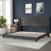 Hollis King Upholstered Platform Bed with Wingback Headboard, Mattress Foundation with Slatted Supports, No Box Spring Needed, Charcoal Faux Linen, YK-1078-CHAR-K-GG