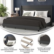 Hollis King Upholstered Platform Bed with Wingback Headboard, Mattress Foundation with Slatted Supports, No Box Spring Needed, Charcoal Faux Linen, YK-1078-CHAR-K-GG