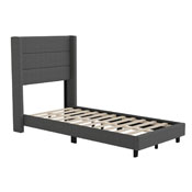 Hollis Twin Upholstered Platform Bed with Wingback Headboard, Mattress Foundation with Slatted Supports, No Box Spring Needed, Charcoal Faux Linen, YK-1078-CHAR-T-GG