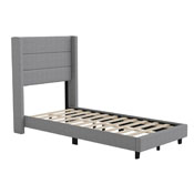 Hollis Twin Upholstered Platform Bed with Wingback Headboard, Mattress Foundation with Slatted Supports, No Box Spring Needed, Gray Faux Linen, YK-1078-GY-T-GG
