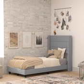 Hollis Twin Upholstered Platform Bed with Wingback Headboard, Mattress Foundation with Slatted Supports, No Box Spring Needed, Gray Faux Linen, YK-1078-GY-T-GG
