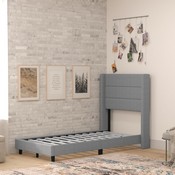 Hollis Twin Upholstered Platform Bed with Wingback Headboard, Mattress Foundation with Slatted Supports, No Box Spring Needed, Gray Faux Linen, YK-1078-GY-T-GG