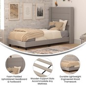 Hollis Twin Upholstered Platform Bed with Wingback Headboard, Mattress Foundation with Slatted Supports, No Box Spring Needed, Gray Faux Linen, YK-1078-GY-T-GG