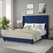 Bianca Queen Upholstered Platform Bed with Vertical Stitched Wingback Headboard, Slatted Mattress Foundation, No Box Spring Needed, Navy Velvet, YK-1079-NAVY-Q-GG