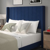 Bianca Queen Upholstered Platform Bed with Vertical Stitched Wingback Headboard, Slatted Mattress Foundation, No Box Spring Needed, Navy Velvet, YK-1079-NAVY-Q-GG