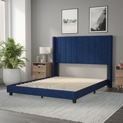 Bianca Queen Upholstered Platform Bed with Vertical Stitched Wingback Headboard, Slatted Mattress Foundation, No Box Spring Needed, Navy Velvet, YK-1079-NAVY-Q-GG