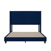 Bianca Queen Upholstered Platform Bed with Vertical Stitched Wingback Headboard, Slatted Mattress Foundation, No Box Spring Needed, Navy Velvet, YK-1079-NAVY-Q-GG
