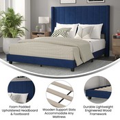 Bianca Queen Upholstered Platform Bed with Vertical Stitched Wingback Headboard, Slatted Mattress Foundation, No Box Spring Needed, Navy Velvet, YK-1079-NAVY-Q-GG