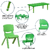 24''W x 48''L Rectangular Green Plastic Height Adjustable Activity Table Set with 6 Chairs, YU-YCX-0013-2-RECT-TBL-GREEN-E-GG