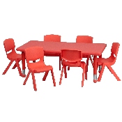 24''W x 48''L Rectangular Red Plastic Height Adjustable Activity Table Set with 6 Chairs, YU-YCX-0013-2-RECT-TBL-RED-E-GG