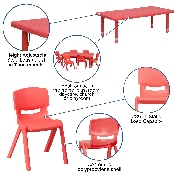 24''W x 48''L Rectangular Red Plastic Height Adjustable Activity Table Set with 6 Chairs, YU-YCX-0013-2-RECT-TBL-RED-E-GG