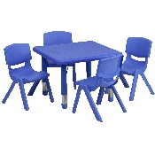 24'' Square Blue Plastic Height Adjustable Activity Table Set with 4 Chairs, YU-YCX-0023-2-SQR-TBL-BLUE-E-GG