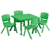24'' Square Green Plastic Height Adjustable Activity Table Set with 4 Chairs, YU-YCX-0023-2-SQR-TBL-GREEN-E-GG