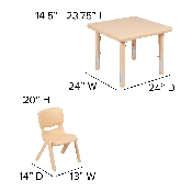 24" Square Natural Plastic Height Adjustable Activity Table Set with 2 Chairs, YU-YCX-0023-2-SQR-TBL-NAT-R-GG