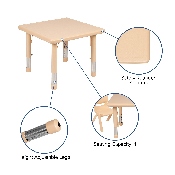 24" Square Natural Plastic Height Adjustable Activity Table Set with 2 Chairs, YU-YCX-0023-2-SQR-TBL-NAT-R-GG