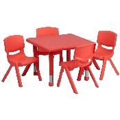 24'' Square Red Plastic Height Adjustable Activity Table Set with 4 Chairs, YU-YCX-0023-2-SQR-TBL-RED-E-GG