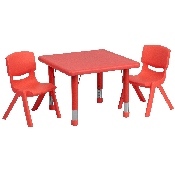 24'' Square Red Plastic Height Adjustable Activity Table Set with 2 Chairs, YU-YCX-0023-2-SQR-TBL-RED-R-GG