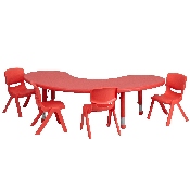 35''W x 65''L Half-Moon Red Plastic Height Adjustable Activity Table Set with 4 Chairs, YU-YCX-0043-2-MOON-TBL-RED-E-GG