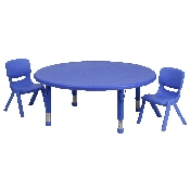 45'' Round Blue Plastic Height Adjustable Activity Table Set with 2 Chairs, YU-YCX-0053-2-ROUND-TBL-BLUE-R-GG