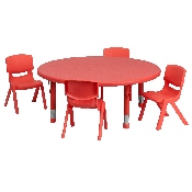 45'' Round Red Plastic Height Adjustable Activity Table Set with 4 Chairs, YU-YCX-0053-2-ROUND-TBL-RED-E-GG
