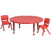 45'' Round Red Plastic Height Adjustable Activity Table Set with 2 Chairs, YU-YCX-0053-2-ROUND-TBL-RED-R-GG