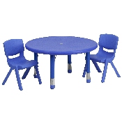 33'' Round Blue Plastic Height Adjustable Activity Table Set with 2 Chairs, YU-YCX-0073-2-ROUND-TBL-BLUE-R-GG