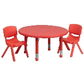 33'' Round Red Plastic Height Adjustable Activity Table Set with 2 Chairs, YU-YCX-0073-2-ROUND-TBL-RED-R-GG