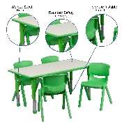 23.625''W x 47.25''L Rectangular Green Plastic Height Adjustable Activity Table Set with 4 Chairs, YU-YCY-060-0034-RECT-TBL-GREEN-GG