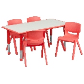 23.625''W x 47.25''L Rectangular Red Plastic Height Adjustable Activity Table Set with 4 Chairs, YU-YCY-060-0034-RECT-TBL-RED-GG