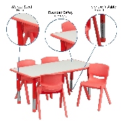 23.625''W x 47.25''L Rectangular Red Plastic Height Adjustable Activity Table Set with 4 Chairs, YU-YCY-060-0034-RECT-TBL-RED-GG