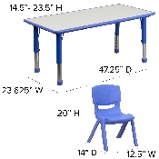 23.625''W x 47.25''L Rectangular Blue Plastic Height Adjustable Activity Table Set with 6 Chairs, YU-YCY-060-0036-RECT-TBL-BLUE-GG
