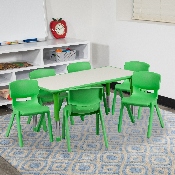 23.625''W x 47.25''L Rectangular Green Plastic Height Adjustable Activity Table Set with 6 Chairs, YU-YCY-060-0036-RECT-TBL-GREEN-GG