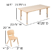 23.625"W x 47.25"L Rectangular Natural Plastic Height Adjustable Activity Table Set with 6 Chairs, YU-YCY-060-0036-RECT-TBL-NAT-GG