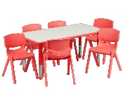 23.625''W x 47.25''L Rectangular Red Plastic Height Adjustable Activity Table Set with 6 Chairs, YU-YCY-060-0036-RECT-TBL-RED-GG