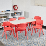 23.625''W x 47.25''L Rectangular Red Plastic Height Adjustable Activity Table Set with 6 Chairs, YU-YCY-060-0036-RECT-TBL-RED-GG