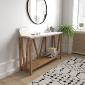 Charlotte Farmhouse 2-Tier Console Accent Table - Warm Oak Finish Engineered Wood Frame - Marble Finish Tabletop - For Entryway or Living Room, ZG-034-WOAK-MARB-GG