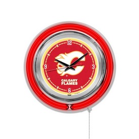 Calgary Flames Double Neon Ring, Logo Clock by Holland Bar Stool Company, ClkCalFla Calgary Flames Double Neon Ring, Logo Clock by Holland Bar Stool Company, ClkCalFla