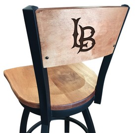 L038 Long Beach State University 25" Swivel Counter Stool with Black Wrinkle Finish and a Laser Engraved Back - Wood Seat, L03825BWMedMplALBStUnMedMpl