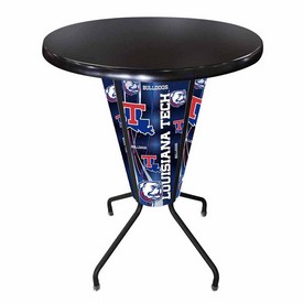 L218 Louisiana Tech University 42" Tall - 36" Indoor/Outdoor Black Steel Top Lighted Pub Table with Black Wrinkle Finish, L218B42LaTechOD36RBlkStl