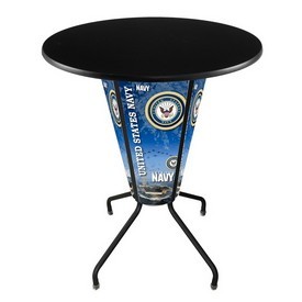 L218 United States Navy 42" Tall - 36" Indoor/Outdoor Black Steel Top Lighted Pub Table with Black Wrinkle Finish, L218B42NavyOD36RBlkStl